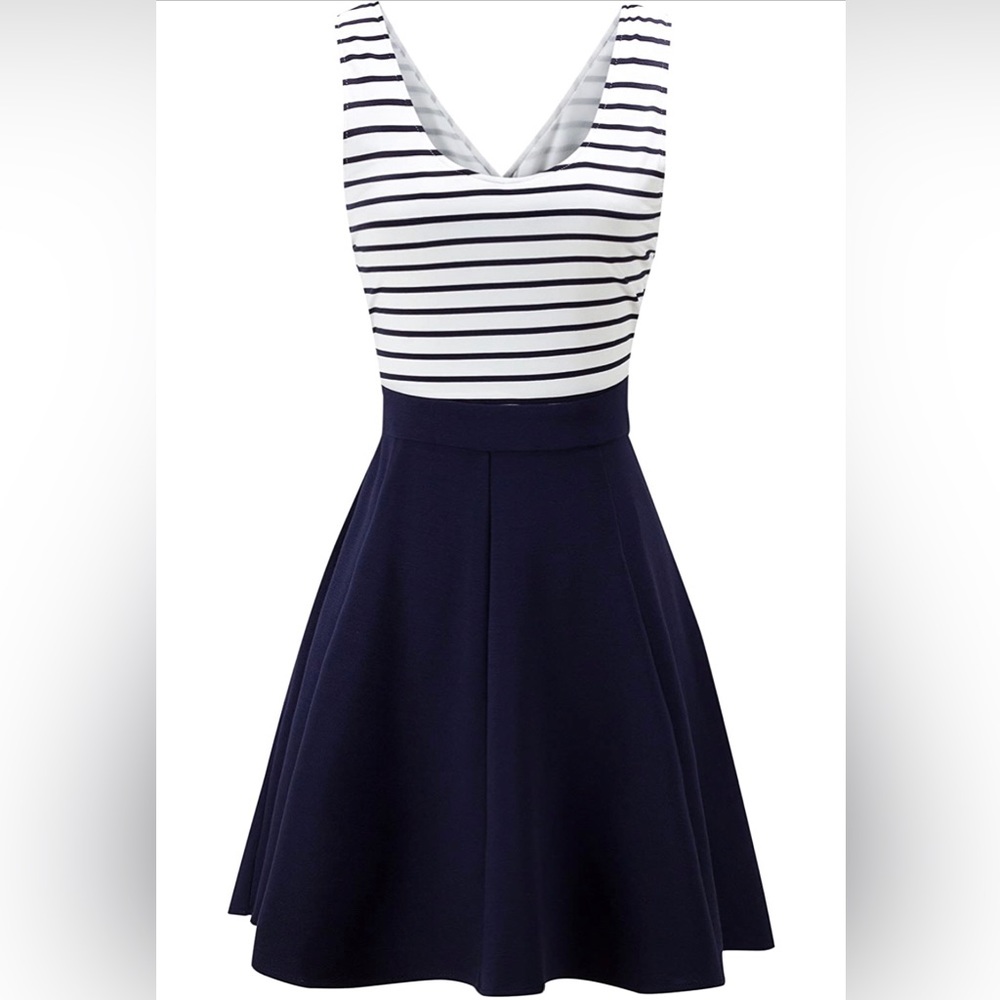 Navy and striped open back cocktail dress
